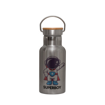Little astronaut, Μεταλλικό παγούρι θερμός (Stainless steel) Ασημένιο με ξύλινο καπακι (bamboo), διπλού τοιχώματος, 350ml