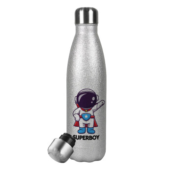 Little astronaut, Μεταλλικό παγούρι θερμός Glitter Aσημένιο (Stainless steel), διπλού τοιχώματος, 500ml
