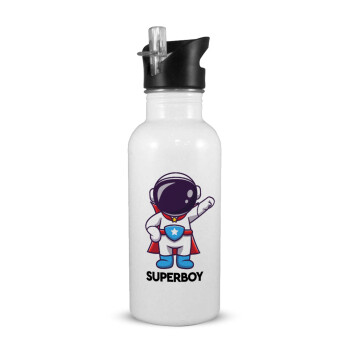 Little astronaut, White water bottle with straw, stainless steel 600ml