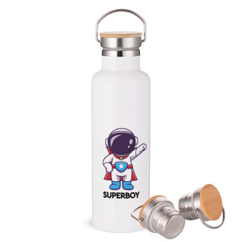 Little astronaut, Stainless steel White with wooden lid (bamboo), double wall, 750ml