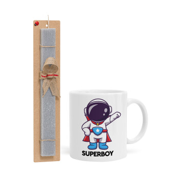 Little astronaut, Πασχαλινό Σετ, Κούπα κεραμική (330ml) & πασχαλινή λαμπάδα αρωματική πλακέ (30cm) (ΓΚΡΙ)