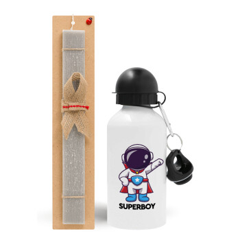 Little astronaut, Πασχαλινό Σετ, παγούρι μεταλλικό  αλουμινίου (500ml) & πασχαλινή λαμπάδα αρωματική πλακέ (30cm) (ΓΚΡΙ)