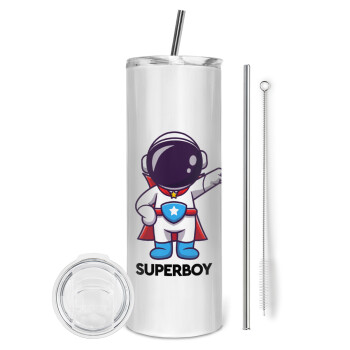 Little astronaut, Eco friendly ποτήρι θερμό (tumbler) από ανοξείδωτο ατσάλι 600ml, με μεταλλικό καλαμάκι & βούρτσα καθαρισμού