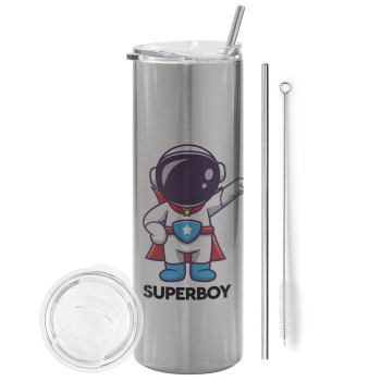 Little astronaut, Eco friendly stainless steel Silver tumbler 600ml, with metal straw & cleaning brush