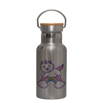 Cute cat unicorn, Stainless steel metallic thermos flask, silver with a bamboo lid, double-walled, 350ml.