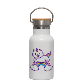 Cute cat unicorn, Μεταλλικό παγούρι θερμός (Stainless steel) Λευκό με ξύλινο καπακι (bamboo), διπλού τοιχώματος, 350ml