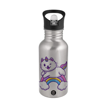 Cute cat unicorn, Water bottle Silver with straw, stainless steel 500ml
