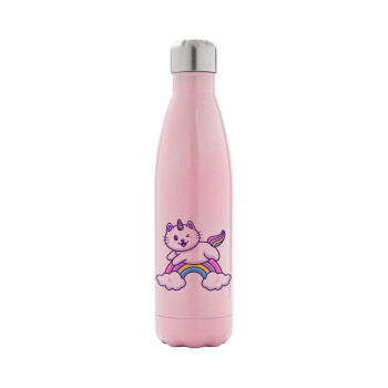Cute cat unicorn, Metal mug thermos Pink Iridiscent (Stainless steel), double wall, 500ml