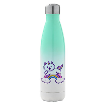 Cute cat unicorn, Metal mug thermos Green/White (Stainless steel), double wall, 500ml