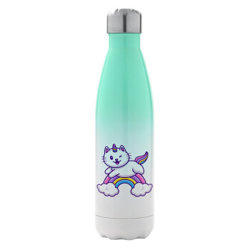 Cute cat unicorn, Μεταλλικό παγούρι θερμός Πράσινο/Λευκό (Stainless steel), διπλού τοιχώματος, 500ml
