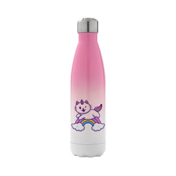Cute cat unicorn, Metal mug thermos Pink/White (Stainless steel), double wall, 500ml