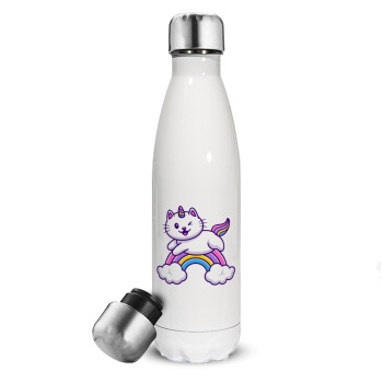 Cute cat unicorn, Μεταλλικό παγούρι θερμός Λευκό (Stainless steel), διπλού τοιχώματος, 500ml