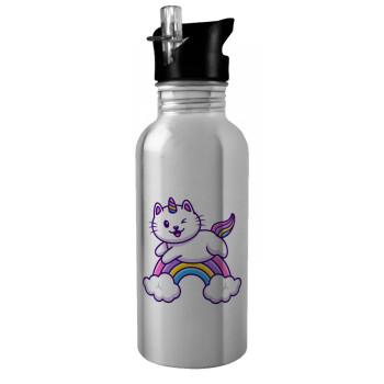 Cute cat unicorn, Water bottle Silver with straw, stainless steel 600ml