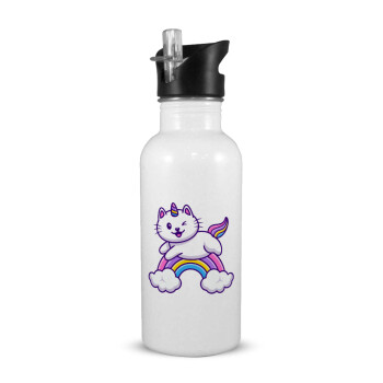 Cute cat unicorn, White water bottle with straw, stainless steel 600ml