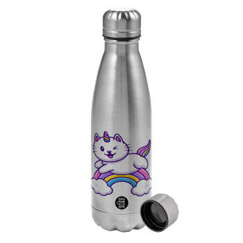 Cute cat unicorn, Metallic water bottle, stainless steel, 750ml