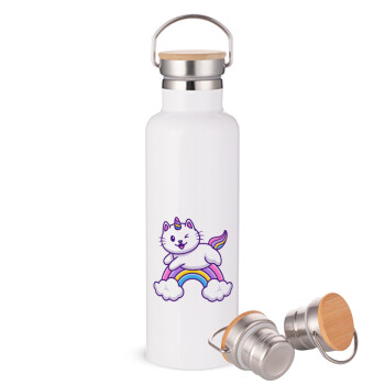 Cute cat unicorn, Stainless steel White with wooden lid (bamboo), double wall, 750ml