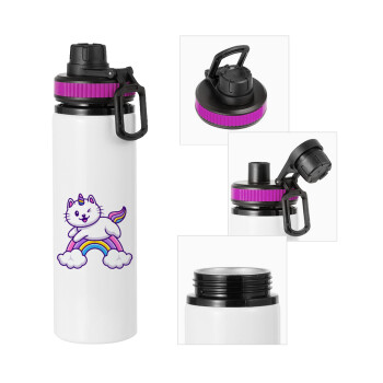 Cute cat unicorn, Metallic water bottle with safety lid, 850ml aluminum