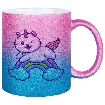 Cute cat unicorn, Κούπα Χρυσή/Μπλε Glitter, κεραμική, 330ml