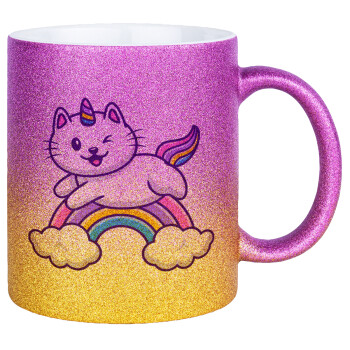 Cute cat unicorn, Κούπα Χρυσή/Ροζ Glitter, κεραμική, 330ml