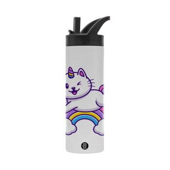 Cute cat unicorn, bottle-thermo-straw