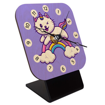 Cute cat unicorn, Quartz Table clock in natural wood (10cm)