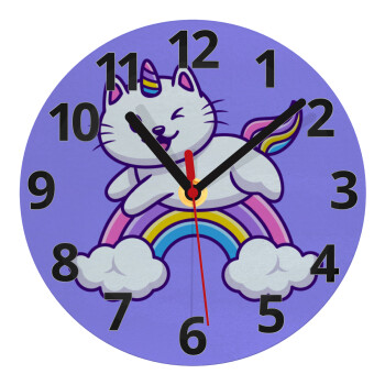 Cute cat unicorn, Ρολόι τοίχου γυάλινο (20cm)