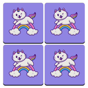 Cute cat unicorn, ΣΕΤ 4 Σουβέρ ξύλινα τετράγωνα (9cm)