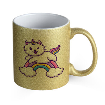 Cute cat unicorn, Κούπα Χρυσή Glitter που γυαλίζει, κεραμική, 330ml