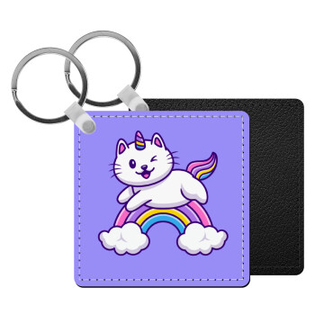 Cute cat unicorn, Μπρελόκ Δερματίνη, τετράγωνο ΜΑΥΡΟ (5x5cm)