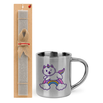 Cute cat unicorn, Easter Set, metallic thermal cup (300ml) & Easter aromatic flat candle (30cm) (GRAY)