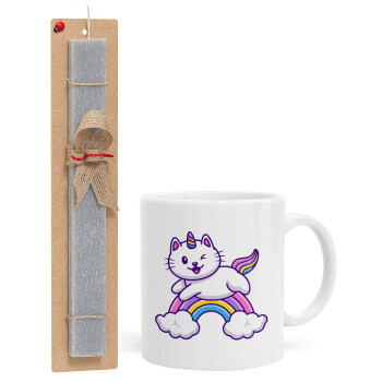 Cute cat unicorn, Easter Set, Ceramic Cup (330ml) & Easter aromatic flat candle (30cm) (GRAY)