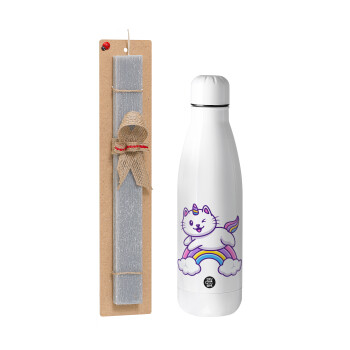 Cute cat unicorn, Πασχαλινή Λαμπάδα με μεταλλικό παγούρι θερμός ανοξείδωτο (500ml) & κερί αρωματικό πλακέ (30cm) (ΓΚΡΙ)