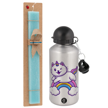 Cute cat unicorn, Easter Set, metallic silver aluminum water bottle (500ml) & scented flat Easter candle (30cm) (TURQUOISE)