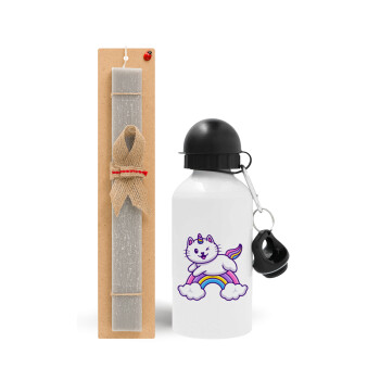 Cute cat unicorn, Easter Set, metallic aluminum water bottle (500ml) & aromatic flat Easter candle (30cm) (GRAY)