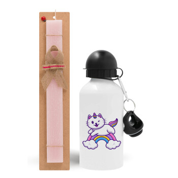 Cute cat unicorn, Easter Set, metallic aluminum bottle (500ml) & aromatic flat Easter candle (30cm) (PINK)