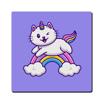 Cute cat unicorn, Τετράγωνο μαγνητάκι ξύλινο 6x6cm