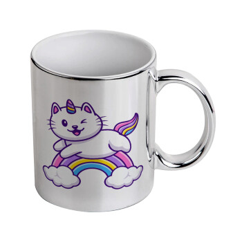 Cute cat unicorn, Mug ceramic, silver mirror, 330ml