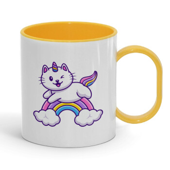 Cute cat unicorn, Κούπα (πλαστική) (BPA-FREE) Polymer Κίτρινη για παιδιά, 330ml