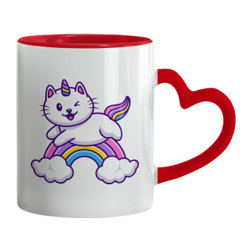 Cute cat unicorn, Mug heart red handle, ceramic, 330ml