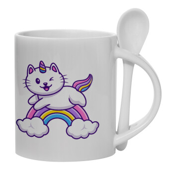 Cute cat unicorn, Ceramic coffee mug with Spoon, 330ml (1pcs)