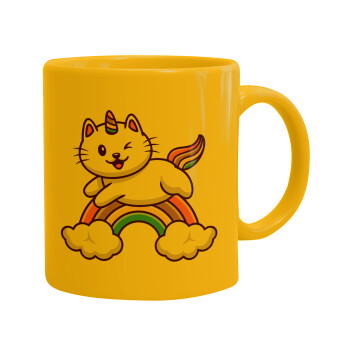 Cute cat unicorn, Ceramic coffee mug yellow, 330ml (1pcs)