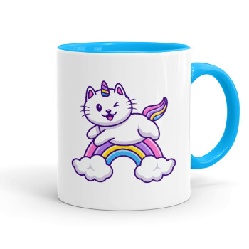 Cute cat unicorn, Mug colored light blue, ceramic, 330ml