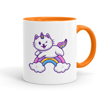 Cute cat unicorn, Κούπα χρωματιστή πορτοκαλί, κεραμική, 330ml