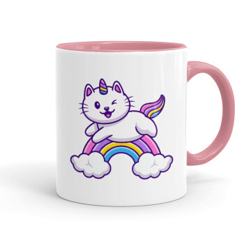 Cute cat unicorn, Κούπα χρωματιστή ροζ, κεραμική, 330ml