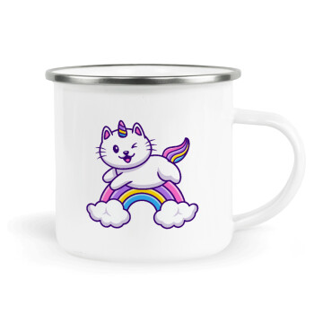 Cute cat unicorn, Metallic enamel cup white 360ml