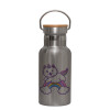 Stainless steel metallic thermos flask, silver with a bamboo lid, double-walled, 350ml.