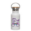 Metallic thermos (Stainless steel) White with wooden lid (bamboo), double-walled, 350ml