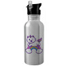 Water bottle Silver with straw, stainless steel 600ml
