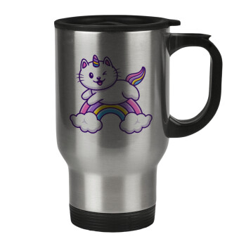 Cute cat unicorn, Stainless steel travel mug with lid, double wall 450ml