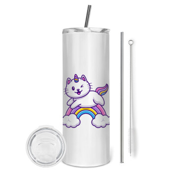 Cute cat unicorn, Eco friendly stainless steel tumbler 600ml, with metal straw & cleaning brush